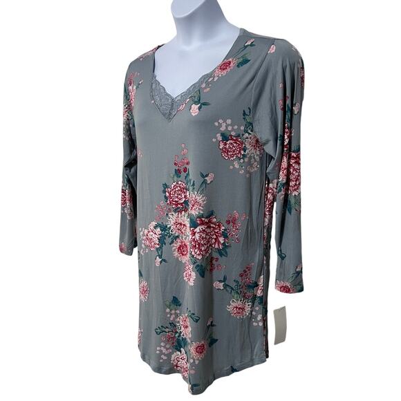 FLORA NIKROOZ WOMENS SIZE MEDIUM JADE SLEEP SHIRT NIGHTGOWN FLORAL PRINT GRAY - Picture 9 of 12